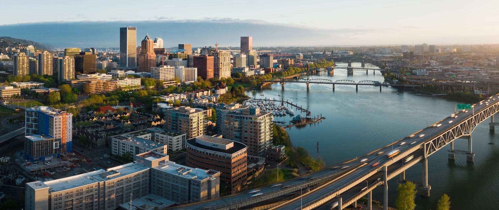 Aerial view of Portland waterfront bridges